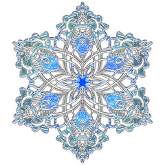 Christmas snowflake. A vintage six-beam snowflake. Complex circular ornament. Mandala pattern. Symmetrical beautiful rays. A template for a holiday. Isolated drawing PNG