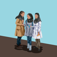 Three young Muslim Iranian girls in hijab talking