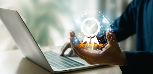 businessman working with computers  service Quality assurance, Guarantee, Standards, ISO .