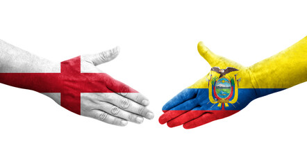 Handshake between Ecuador and England flags painted on hands, isolated transparent image.