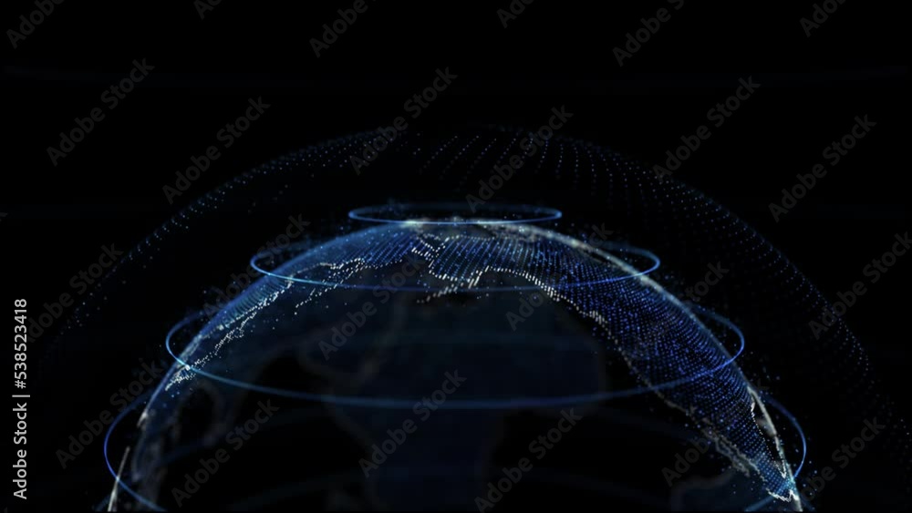 Wall mural abstract animation of global network connection by satellites isolated on the dark background. abstr