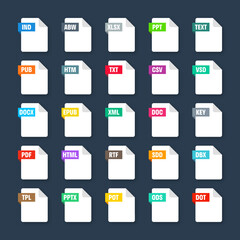 Common system file formats. Document types and extensions. Flat style icons collection. Document pictogram, web design UI element, template. Computer program or application icon. Vector illustration