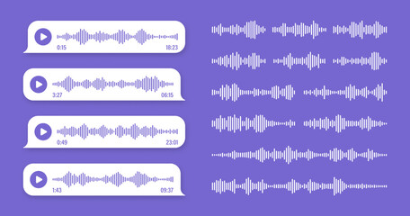 Voice, audio message, violet speech bubble. SMS text frame. Social media chat or messaging app conversation. Voice assistant, recorder. Sound wave pattern. Vector illustration