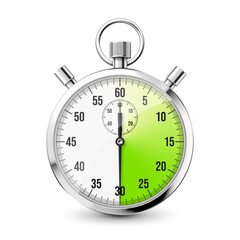 Realistic classic stopwatch icon. Shiny metal chronometer, time counter with dial. Green countdown timer showing minutes and seconds. Time measurement for sport, start and finish. Vector illustration