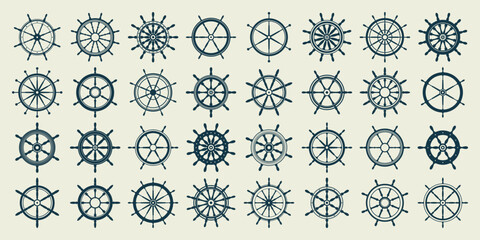 Fototapeta Collection of vintage steering wheels. Ship, yacht retro wheel symbol. Nautical rudder icon. Marine design element. Vector illustration obraz