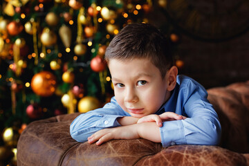 The boy has a beautiful Christmas tree. Portrait of a child on the background of the side lights of a festive garland.