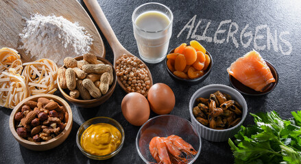 Composition with common food allergens - obrazy, fototapety, plakaty