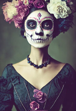 Woman with sugar skull makeup. Mexican carival skull. Mexico skull festival. Halloween party, traditional Mexican carnival
