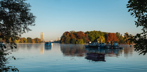Boats anchoring on rummelsburg lake in Berlin in autumn