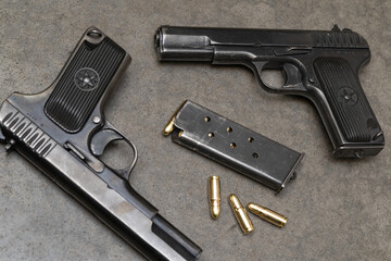 Two Russian pistols TT 33, close-up photo.