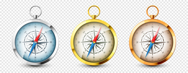 Realistic silver and golden vintage compasses. Marine wind rose and cardinal directions of North, East, South, West. Shiny metal navigational compass. Cartography and navigation. Vector illustration