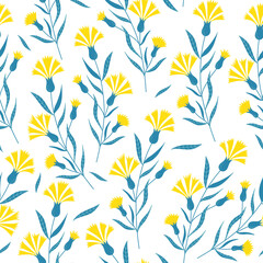Decorative seamless pattern with yellow flowers and leaves. Spring and summer design.  Elegant fabric design in hand-drawn style. Floral print design for textiles, wrapping paper, gift paper, fabric.