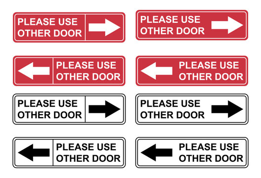 Set of Please use other door graphic icon, information label, notice text direction vector illustration