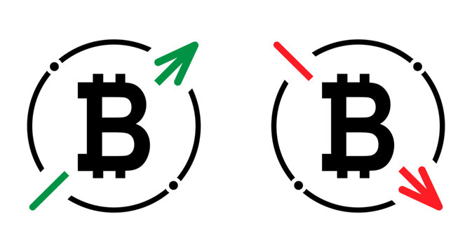 Set of cost symbol bitcoin increase and decrease icon. Money vector symbol isolated on background