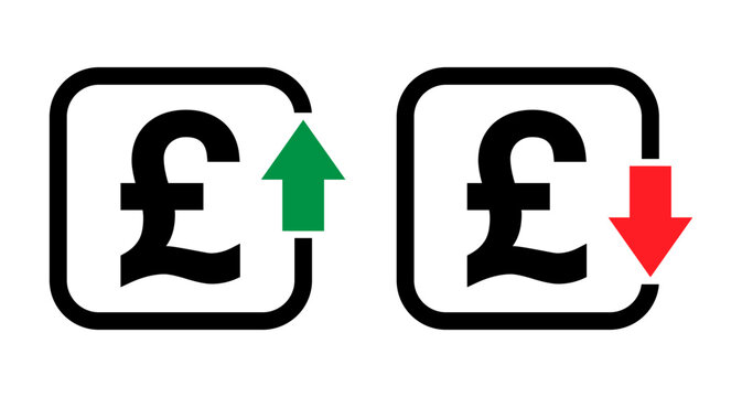 Set of cost symbol pound increase and decrease icon. Money vector symbol isolated on background