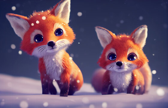 two small cute foxes in the snow,illustration,animals in the snow