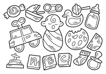 Set of Baby Accessories Doodle Outline Illustration Bundle