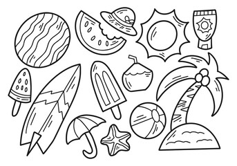 Set of Summer Doodle Outline Illustration Bundle