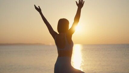 Silhouette Woman practice yoga pose to meditation with summer vacation beach happiness and relaxation. Calm female exercise with yoga meditate ocean beach with sunset golden time. Mental health - Powered by Adobe