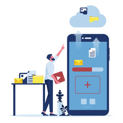 Cloud computing business technology concept with businessman uploading file from smartphone to cloud