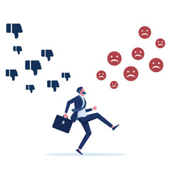 Businessman run away from attacks by dislike and thumb down, cyber bulling concept with negative review