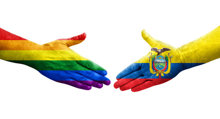 Handshake between Ecuador and LGBT flags painted on hands, isolated transparent image.