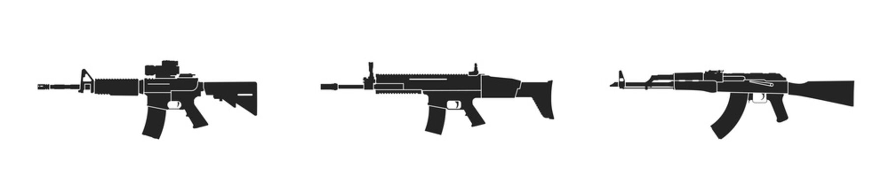 m4 carbine, fn herstal scar and kalashnikov assault rifles. weapon and army symbol. vector image for military web design