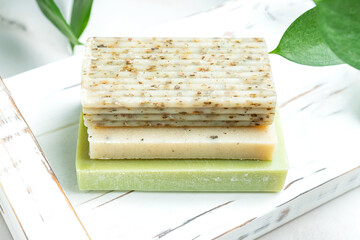 Natural handmade soap on a wooden background.Handmade natural spa organic soap