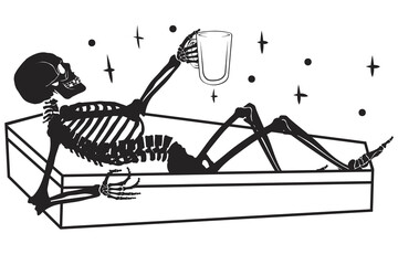 Skeleton in coffin. halloween skeleton character vector 