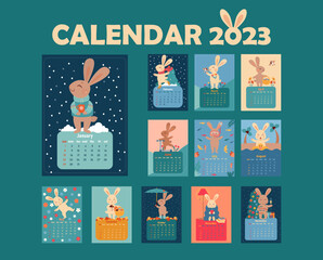 Calendar template 2023 with images of cute RABBIT - symbols of the Chinese calendar year. Design concept with rabbits in different seasons. A set of 12 months, 12 different pages. Vector illustration