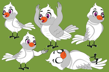 Set of white pigeons in green background
