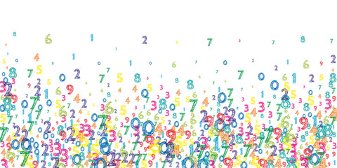 Falling colorful orderly numbers. Math study concept with flying digits. Ideal back to school mathematics banner on white background. Falling numbers vector illustration.