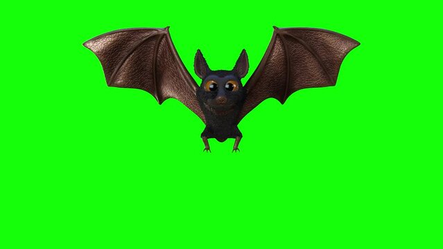 Looping 3D animation rendering of a flying, stylized bat on a green background in celebration of Halloween.