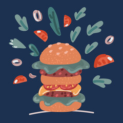  artoon vector illustration of burgers of beef, cheese and vegetables