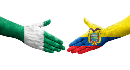 Handshake between Ecuador and Nigeria flags painted on hands, isolated transparent image.