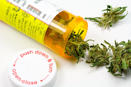 Cannabis (Medical Marijuana) Prescription - Dried Flower Spilling from Bottle