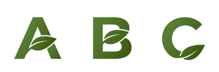 a b c initial letters with leaf. creative alphabet logo design. eco friendly, ecology and environment symbol