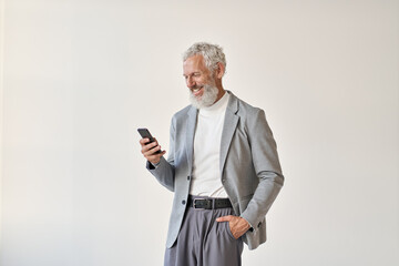 Happy old business man smiling senior mature older businessman professional wearing suit holding...