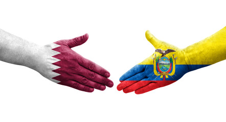 Handshake between Ecuador and Qatar flags painted on hands, isolated transparent image.