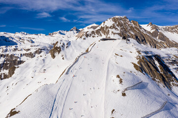 Anzere, Switzerland: Aerial view of the Anzere ski resort slopes in Canton Valais in the Swiss alps...