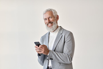Happy old business man smiling senior mature older businessman professional wearing suit holding...