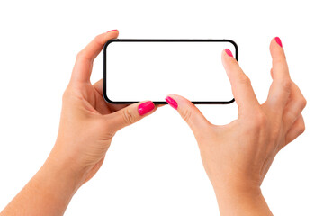 Mobile phone mockup. Person holding phone horizontally and zooming something on the screen with...