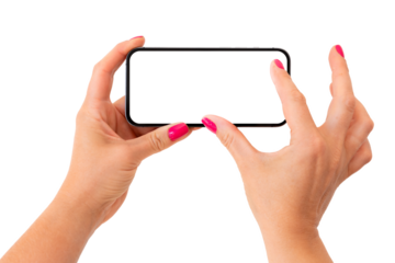 Mobile phone mockup. Person holding phone horizontally and zooming something on the screen with both fingers.