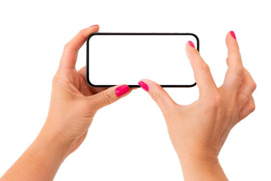 Mobile phone mockup. Person holding phone horizontally and zooming something on the screen with both fingers.