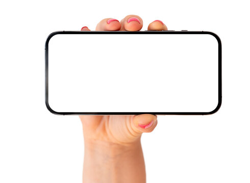 Mobile phone mockup. Person showing screen of phone horizontally.