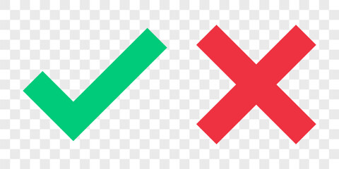 green tick and red cross mark isolated on transparent background. flat checkmark signs set, vector illustration
