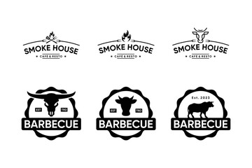 Set of vintage label steak house, barbecue logo design for restaurant or meat store.