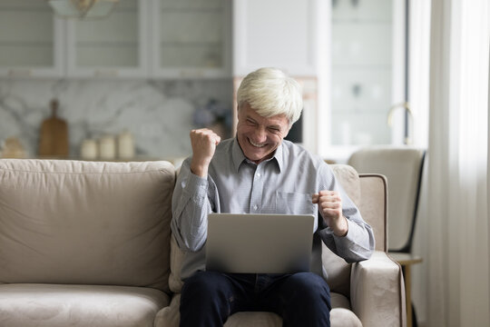 Enthusiastic euphoric older man read fantastic on-line news, celebrate online auction win, internet lottery victory sit on sofa with laptop makes Yes gesture feels happy. Success, luck, profit, winner