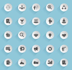 management vector icons on round puffy paper circles with transparent shadows on blue background. management stock vector icons for web, mobile and user interface design