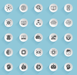 artificial intelligence vector icons on round puffy paper circles with transparent shadows on blue background. artificial intelligence stock vector icons for web, mobile and user interface design